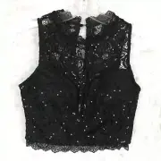 Speechless Womens Top Cropped Tank Black Lace Overlay Sequins Tank Sheer S New