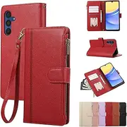 [Rosbtib] Mobile Phone Case for Samsung Galaxy A34 5G (6.6 Inch 2023) Leather Case Zip Magnetic Closure Wallet with 4 Card Slots Stand Function Retro Leather Case Galaxy A34 5G Case, Red