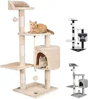 Cat Tree 112cm Multi-Level Cat Tower with Scratching Posts, Cat Condo Play House with Hanging Toy, Natural Sisal-Covered Cat Scratcher Tower Wood Furniture for Kittens Climbing and Rest, Beige
