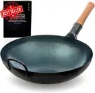 14" Blue Carbon Steel Wok, Hammered Round Bottom, Stir Fry Pan