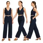 Christian Siriano NY NWT Linen Blend Two Piece Navy Set Vest & Wide Leg Pant