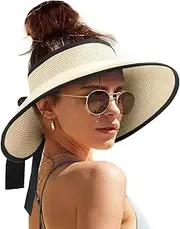 [camptrace] UPF 50+ Sun Visors for Women Wide Brim Beach Hat Foldable Straw Visor Hat Ponytail Summer Packable