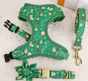 NEW CHRISTMAS GREEN PUPPY DOG COLLAR HARNESS LEASH SET - SIZE XS ADJUSTIBLE