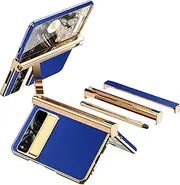 Designed for Google Pixel Fold 2023 Case, Hinge Protection Design Luxury Electroplated Gold Frame Lychee Pattern Leathe Back Cover with Stylus & Two Hinges for Pixel Fold 5G