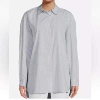 Theory Womens Blouse M/L Oversized Shirt Grey Downing Bold Stripe Cotton $325