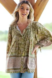 JAASE - Aries Blouse: Mandarin Collar Button Down Relaxed Shirt in Verdell Print