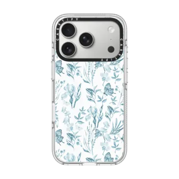 iPhone 17 Pro Impact Clear Case MagSafe Compatible Elegant pastel blue vintage butterfly floral