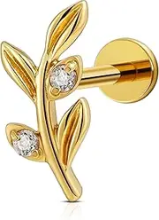[FINE4U] Gold Piercing Jewelry for Conch Helix Tragus Labret 16G 6mm 8mm - ASTM F136 Titanium Cartilage Flat Back Earring Stud, Titanium, cubic zirconia