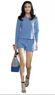 Diane Von Furstenberg Giselle Blue Gingham Stretch Crepe Top Blouse 2 NWT