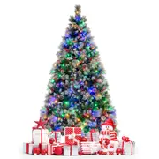 Costway 2.15M Pre-Lit Hinged Christmas Tree Pine Needles Xmas Decoration Home Garden Decor w/11 Lighted Modes