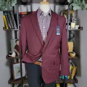 Stafford Men's Hopsack Blazer Two Silver Button Burgundy Wool Blend Classic 44R