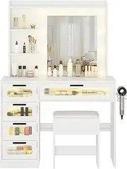 Ufurniture Dressing Table Stool Set, Mirror Vanity Table with 3-Color 10 LED Bulbs,Vanity Desk with 5 Storage Drawers and 2 Shelves/Charging Station,White