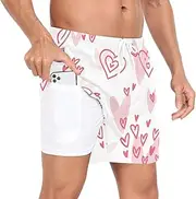 [GuoChe] Men's Swimming Trunks Mens 2In1 Workout Shorts Valentine's Day Cute Hearts and Arrows Pink with Pockets and, Valentine's Day Cute Hearts and Arrows Pink, Small