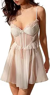 [OSUGA] Sexy Lingerie for Women Babydoll Date Night Outfit Dress with Underwire Mesh Lace Ruffle Hem Sleepwear