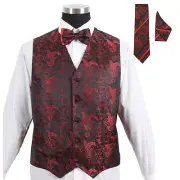 Men's Paisley Tuxedo Formal Vest Red 4pc Set #005 - Vest w/ Bow Tie Hanky & Tie