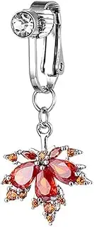 [Niaspi] CZ Crystal Maple Leaf Non Piercing Fake Belly Button Rings for Women Stainless Steel Clip On Dangle Fake Belly Navel Rings Autumn Non Pierced Belly Jewelry