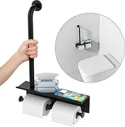 Black Toilet Grab Bar w/Double Toilet Paper Holder & Wipes, Phone Shelf, Zepolu Stainless Steel Safety Bar Assist Handle, Wall Mounted Balanced Support Handrail w/Storage Shelf for Senior Elderly
