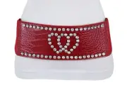 Women Red Elastic Wide Belt Hip High Waist Silver Heart Rhineststones Fit S M