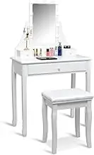 Costway Dressing Table with Mirror & Stool, Makeup Vanity Table Set w/10 Adjustable Light Bulbs & 3 Drawers, Modern Wooden Makeup Desk for Bedroom, Dressing Room, Dormitory, White