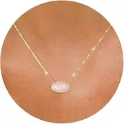 [TLY] Gold Necklace for Women Non Tarnish 14k Gold Plated Dainty Preppy Pendant Necklace Oval Gemstone Crystal Druzy Stone Rose Quartz Choker Necklace Birthday Wedding Everday Birthstone Jewelry Gift