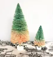 Ombre Bottlebrush Sisal Trees Lightly Frosted Green Peach Check Ribbon Added
