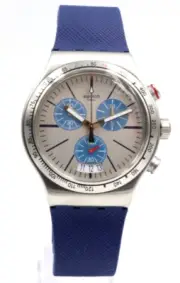 Swiss Swatch Irony BLAU ME ON Silicone Blue Chrono Men Watch 44mm YVS435 $190