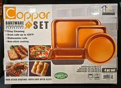 4 Pc Copper Bakeware Set - Oven & Wash Safe Round-Loaf-Square-Roaster Pan - NEW