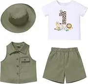 [FYMNSI] Baby Boys 1st Birthday Outfit Jungle Party Photoshoot Short Sleeve T-Shirt Shorts Vest Hat 4-Piece Set, Army Green, 9-12 Monate