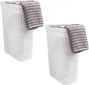 [Mind Reader] 40L Slim Laundry Hamper, Clothes Basket, Lid, Wicker Design, Plastic, 18"L x 10.4"W x 23.5"H, Set of 2, White