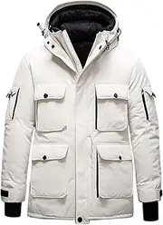 [Sumairah] Mens Parka Classic Thigh Length Nylon Front Pockets Luxurious White Removable Hood Winter Coat Warm Parka Jackets