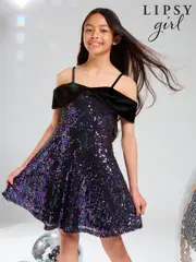 Lipsy Black Sequin 2-in-1 Bow Party Dress (5-16yrs) (AG3494) | $60 - $69