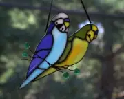 GREEN & BLUE BUDGIE PAIR Stained Glass BUDGERIGAR BIRD LOVERS GIFT SUNCATCHER