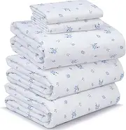 RUVANTI 100% Cotton Sheets for Split King Size Bed - Crispy Cooling Percale Sheets - Breathable & Durable Split King Sheet Set - 16 Inches Deep Pocket Split King Size Sheets - Blue Floral - 5 Pieces