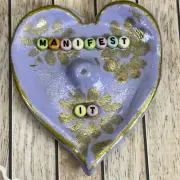 Jewellery Incense Dish Purple Heart Manifest it Quote Air Dry Clay Kim Magee Art