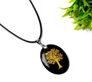 Black Agate Tree of Life Pendant Natural Healing Crystal Semi Precious Gemstone