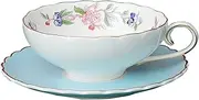 [fanquare] Floral Porcelain Tea Cup and Saucer, Coffee Cup with Pink Flowers, Blue Afternoon Tea Cup with Gold Trim
