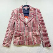 CAbi Jacket Womens Small Red White Patchwork Blazer 6028 Nautical Peplum Striped