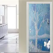 Door Stickers Blue Swan Lake Tree 3D Door Sticker for Bedroom Bathroom Wall Decoration PVC Waterproof Self-Adhesive Mural(95x215cm)