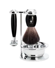 VIVO 4-Piece Shaving Set - Black Resin with Closed Comb Safety Razor, Black Fibre Shaving Brush, Stand & Bowl