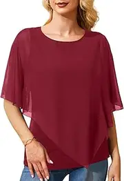 [Holipick] Women's Dressy Casual Top Ruffle Double Layered Solid Chiffon Blouses Shirts for Summer