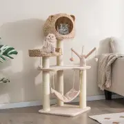 Costway121cm Tall Cat Tree Tower Kitten Activity Center with Cattail Fluff Cat Condo-Natural