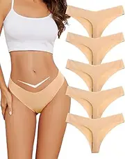 [VOENXE] Seamless Women Underwear Thong,Low Rise No Show Line Ladies Panties,Sexy V Waisted Seam Free Comfortable Breathable Invisible Undies 5-Pack