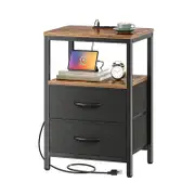 Catzon Bedside Table with Charging Station & Fabric Drawers for Bedroom