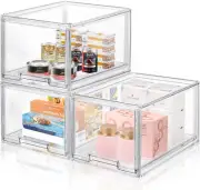 3 Packs Plastic Stackable Storage Drawers, Clear Storage Bins Organizer with Pu