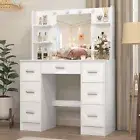 White Dressing Table Vanity Unit Modern Makeup Desk With Large LED Lights Mirror