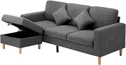 OIKITURE Sofa Bed with Movable Ottoman Storage, 3-Seater Modular Couch with Cushions, Sofa Lounge Set for Sectional Sofa with Side Pockets for Living Room, Bedroom, Velvet Grey