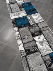 Grey blue patchworks design Turkish Made hallway carpet rug runner -soft pile -