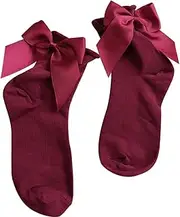 [CukYi] Thermal Socks Women Fashion Cotton Solid Color Breathable Hemming Bowknot Short Ankle Socks Pink + Pink (Color : Wine Red+Wine Red)
