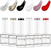 Nicedeco Gel Nail Polish 6 Pcs 8ml Black White Red Nude Silver Glitter Color Soak Off LED U V Gel Nail Kit Manicure DIY Home for Women Gel Nail Polishes Set-9 Cruelty-Free & Vegan