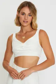 White Crop Top Linen Blend - Size 14, Women's Crop Top